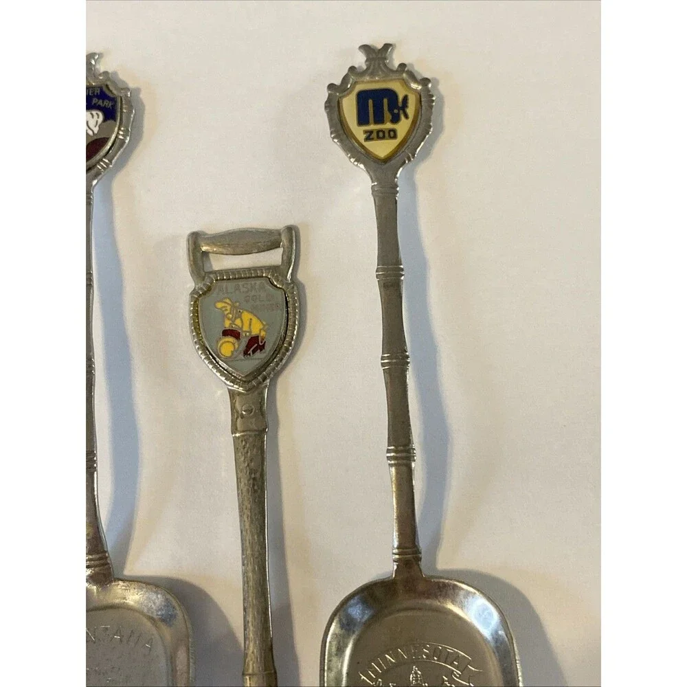 6 Souvenir Spoon Shovel style Enamel State Crest Embossed Bowl Vintage Travel